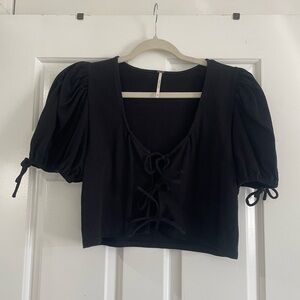 Black Puff Sleeve Tie-Front Top